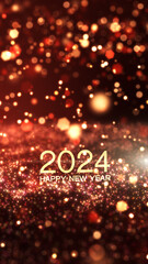 Happy New Year 2023, Red Gold particles fly. Glittering light ray beam background.