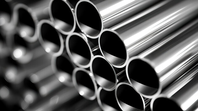 Stack of stainless steel pipes used for plumbing. Shallow field of view.