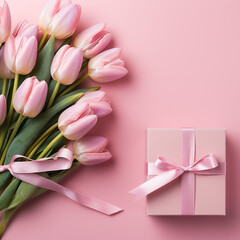 Mother's Day concept. Top view photo of stylish pink giftbox with ribbon bow and bouquet of tulips on isolated pastel pink background. Made with generative ai
