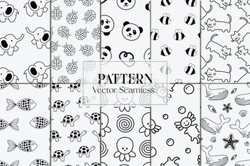 Marine and land animals line shapes seamless repeat pattern set
