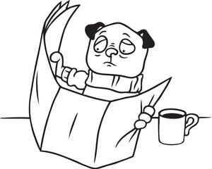 Cartoon Illustration: niedlicher Mops beim Frühstück am Morgen mit Zeitung und Kaffe