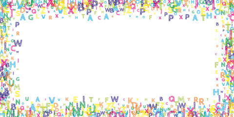 Falling letters of English language. Bright handdrawn flying words of Latin alphabet. Foreign languages study concept. Amazing back to school banner on white background.