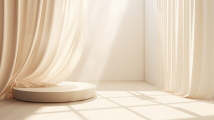 Luxury cream colored round glossy pedestal podium in dappled sunlight from window with white blowing sheer curtain in white wall background for product display.