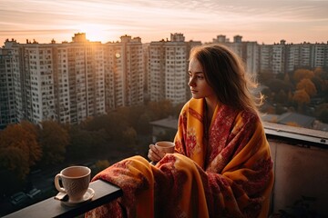 a woman sitting on a balcony with a cup of coffee in her hand and looking out at the city skyline