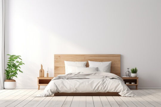 Clean white minimal modern bedroom interior background.