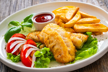Seared cod loin with fried potatoes and fresh vegetables on wooden table
