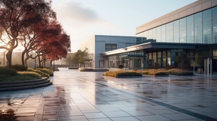 A locked-off shot of a modern hospital exterior in soft morning light, conveying a sense of serenity and care