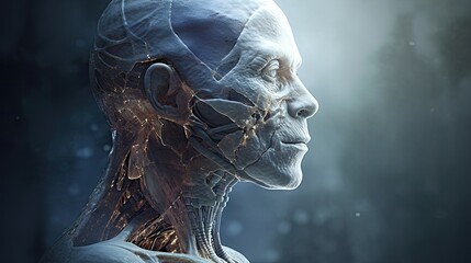 the face and neck of an alien man with long hair, in front of a dark sky filled with stars