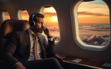 Fototapeta premium handsome businessman looking at airplane window while using headphone in private jet