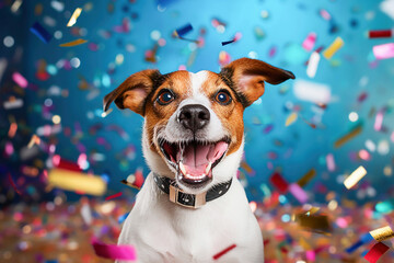 Cute dog  celebrating  birthday, confetti falling