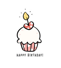 Cute Pink Birthday Cake cupcake  with candles minimal Doodle, Celebrate party with cute cake illustration hand drawing perfect for greeting cards.