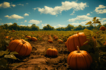 Huge Pumpkin Field With A Variety Of Pumpkins With A Touch Of Halloween Atmosphere Created By Artificial Intelligence