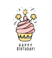 Cute Pink Birthday Cake festive cupcake with candles minimal Doodle, Celebrate party with cute cake illustration hand drawing perfect for greeting cards.