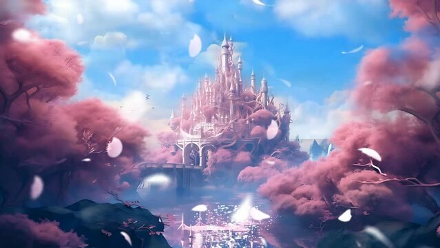 autumn fantasy fairytale dream pink castle with sakura flowers tree. seamless loop infinite 4k animation