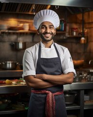 Happy male Indian chef with crossed arms wearing white dress and gray apron on kitchen background