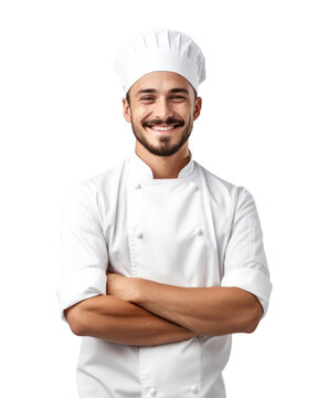 Happy male Indian chef with crossed arms wearing white chef uniform on transparent background