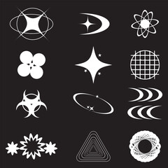 Set of Abstract geometric Y2k shapes trending retro futuristic design elements, infographic shapes. Modern trendy concept with symbols and objects. Retrofuturistic Vector illustration for UI and UX