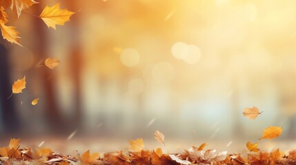 Blurred background and copy space for text, Falling Maple leaves on an autumn sunny day
