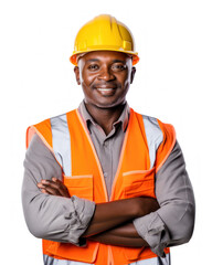 Worker african man with crossed arm wearing orange protective vest helmet on white background