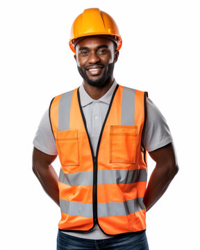 Smiling african american man wearing orange protective vest helmet on isolated white background