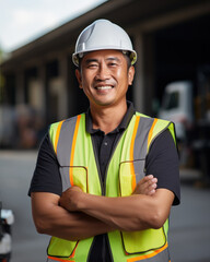 Worker asian man with crossed arm wearing orange protective vest helmet on construction background