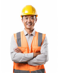 Worker asian man with crossed arm wearing orange protective vest helmet on white background