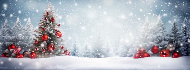 Naklejka na ściany i meble Beautiful Festive Christmas snowy background. Christmas tree decorated with red balls and knitted toys in forest in snowdrifts in snowfall outdoors, banner format, copy space
