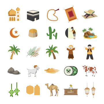 Set of Islamic illustration and clipart icon. Suitable for Islamic celebrations like eid al fitr, eid al adha,and new year. Islamic cartoon character. 