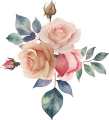 Floral rose leaves arrangement frame illustration wedding invitation. Isolated on white background. greeting card, wall art, Pink bouquet roses, Blush flowers