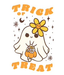Cute Halloween shy ghost with daisy flower, kawaii Retro floral spooky, Trick or Treat, cartoon doodle outline drawing illustration idea for greeting card, t shirt design and crafts.