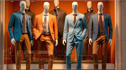 men's suits and ties on display in a shop window, with orange walls behind the manne photo by person
