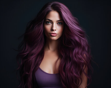 Portrait of a beautiful woman with long purple hair
