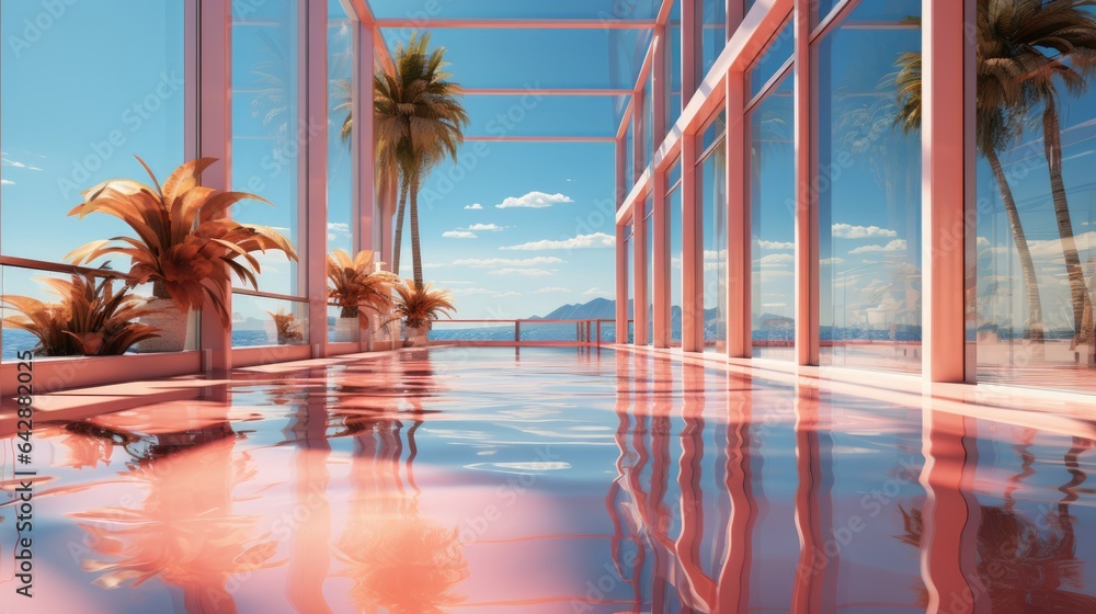 Poster a room with a pool and palm trees in the background. digital image.