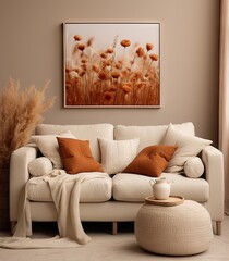 flowers on the wall above a white couch in a neutral living room with an orange throw pillow and coffee table