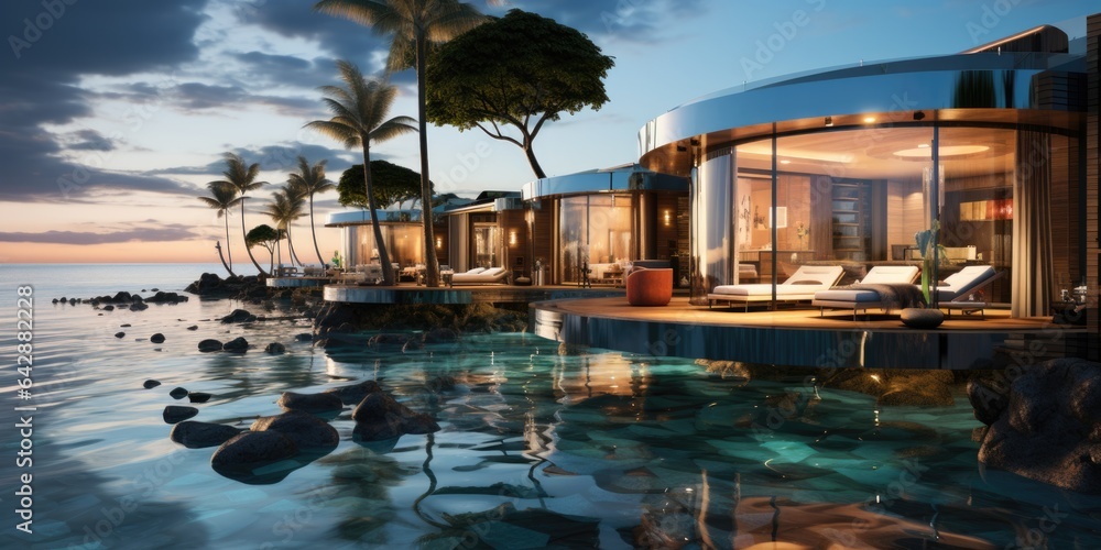 Poster a house on a beach with a pool in front of it. digital image.