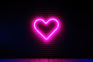 Heart shape neon luminance light on black wall black drop background.