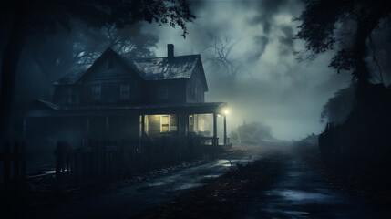 Old house in the forest at night with fog. Horror Halloween concept