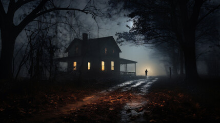 Old house in the forest at night with fog. Horror Halloween concept