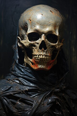Horror, skeleton, Baroquecore, oil on canvas, detailed, ai generated.