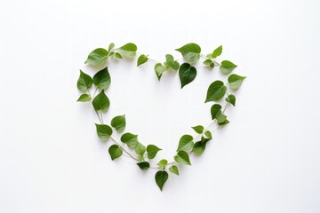 Heart shape with eco green small leaf white background.