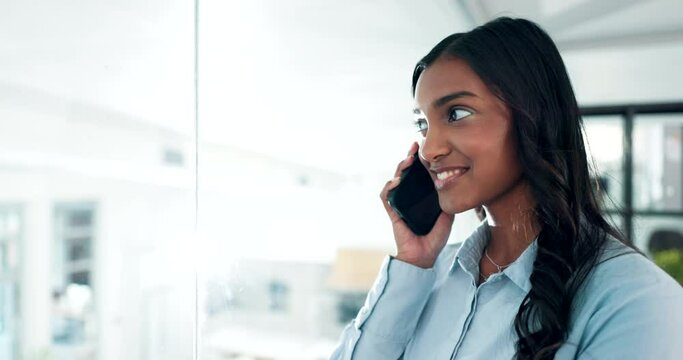 Woman, thinking and answer phone call for business communication, chat and HR networking in office. Worker or human resources person with ideas, happy feedback and talking on mobile for opportunity