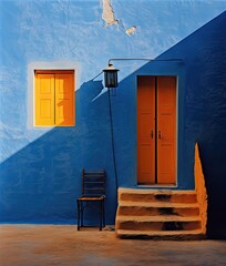 an orange door and chair in front of a blue building with yellow shutters on the windows, santoia, greece