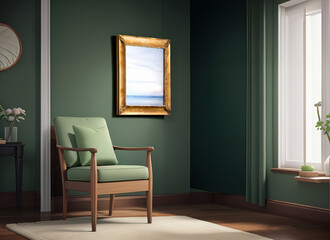 Dark Green Living Room Interior: Poster Frame Mockup for Stylish Decor. Generative AI.