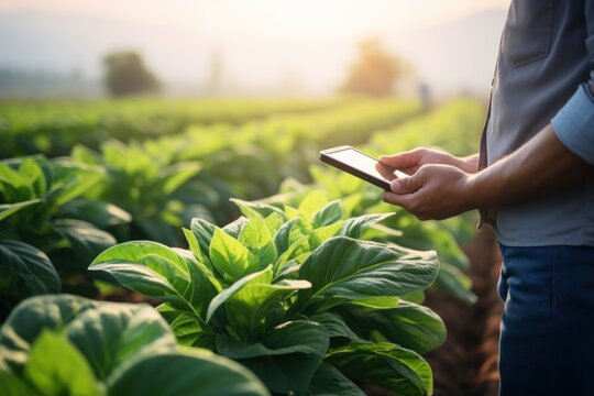 Agriculture farmers use mobile to survey and measure the quality of Young tobacco plants in a row in the morning natural light