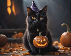A cute black cat wearing a wizard costume is sitting in the hallowing photo set in warm autumn colors with a glowing pumpkin.