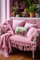 Doll house couch with pink blanket and cushions, closeup
