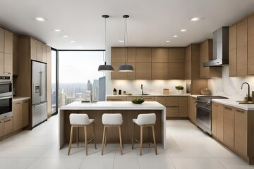 modern kitchen, where sleek stainless steel appliances seamlessly blend with pristine marble countertops