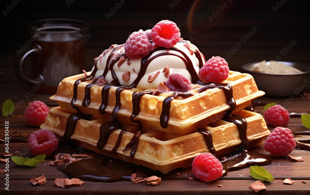 Poster a stack of waffles topped with ice cream and raspberries. digital image.