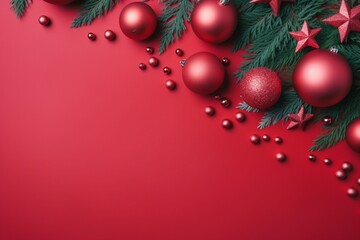 Christmas composition. Christmas red decorations, fir tree branches on red background. Flat lay, top view, copy space. generative ai.