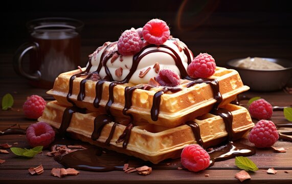 A stack of waffles topped with ice cream and raspberries. Digital image.